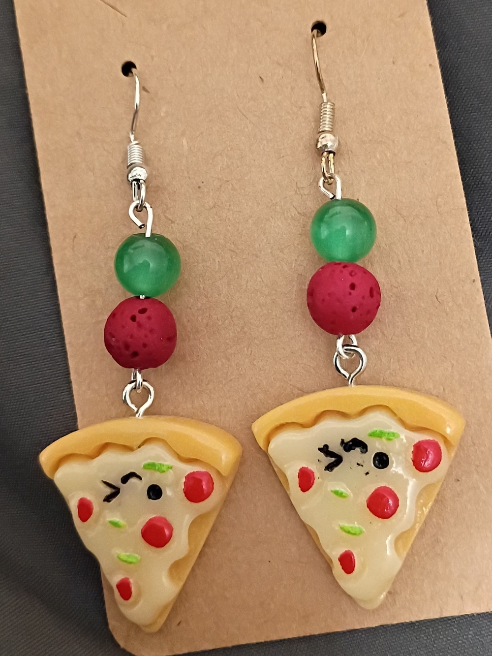 HandmadeCute Pizza Slice Dangle Earrings -  Red, Green Beads .Silver Tone Hooks